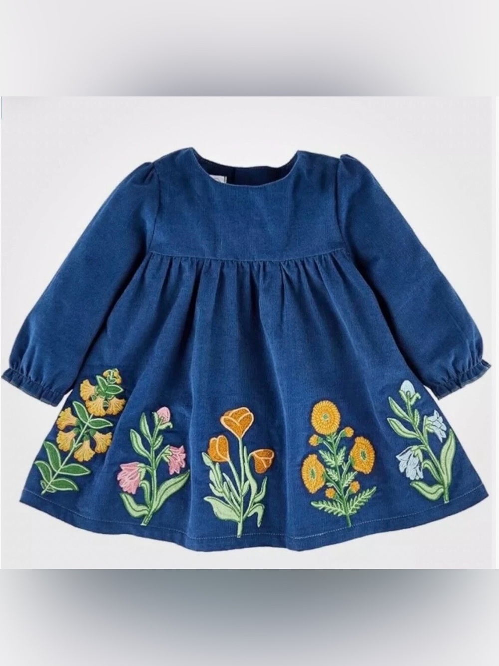 NWT Mud Pie Girls Blue Flower Embroidered Corduroy Long Sleeve Dress Size 18M